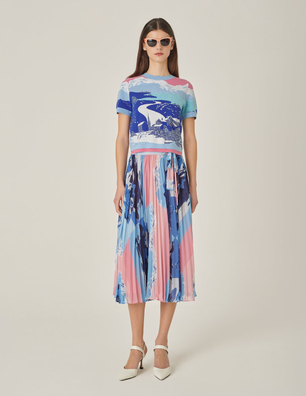 MARYLING Printed Short-Sleeves Jacquard Knitted T-Shirt