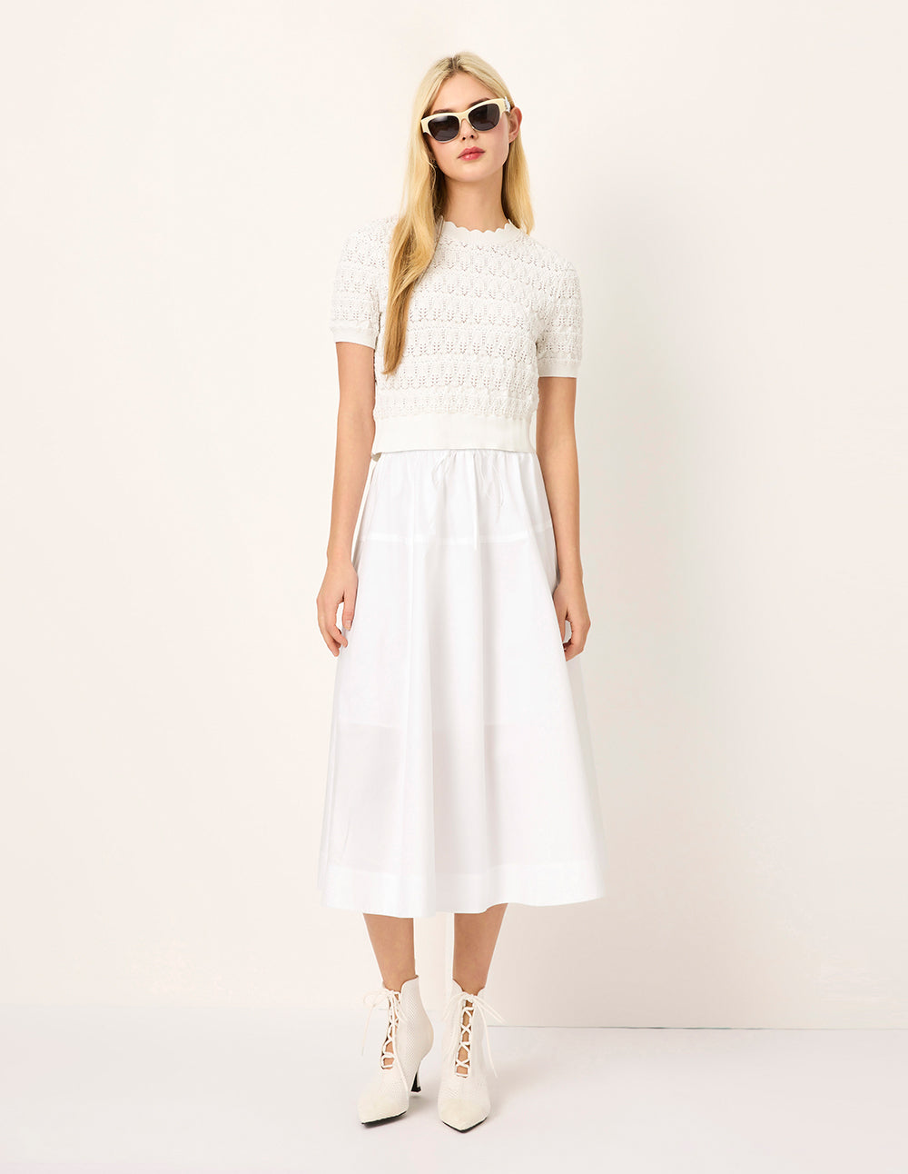 MARYLING Crew-Neck Short-Sleeved Pointelle Knit T-shirt