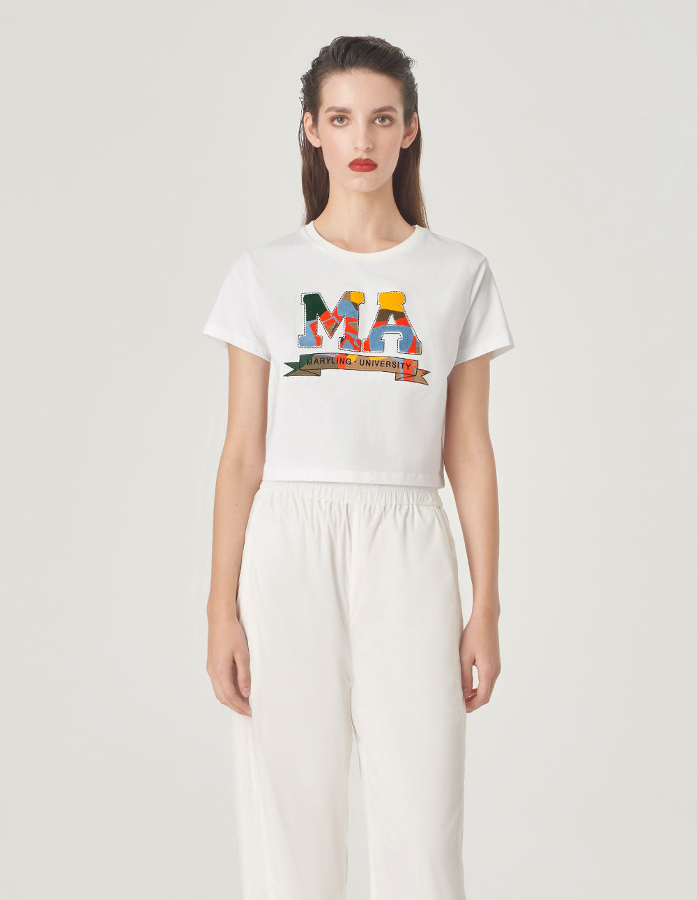 MARYLING White Embroidered Short T-Shirt