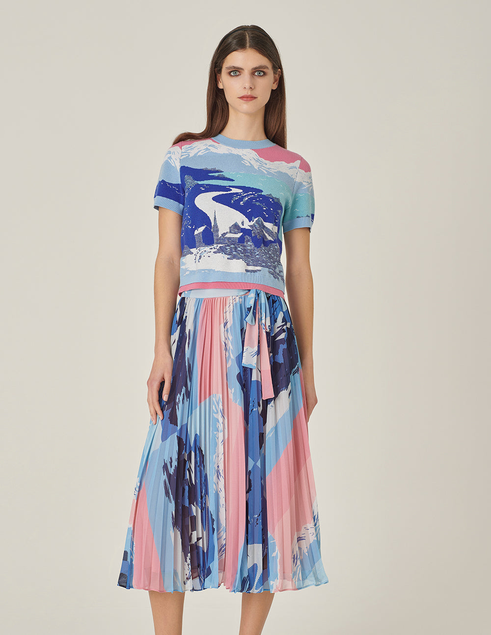 MARYLING Printed Short-Sleeves Jacquard Knitted T-Shirt